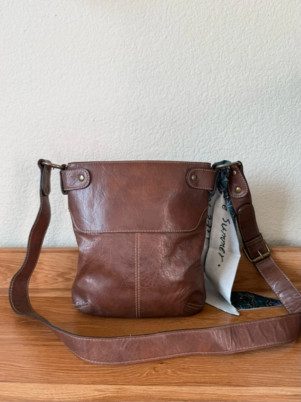 Liz Claiborne Brown Leather Crossbody with Teal Scarf Accent